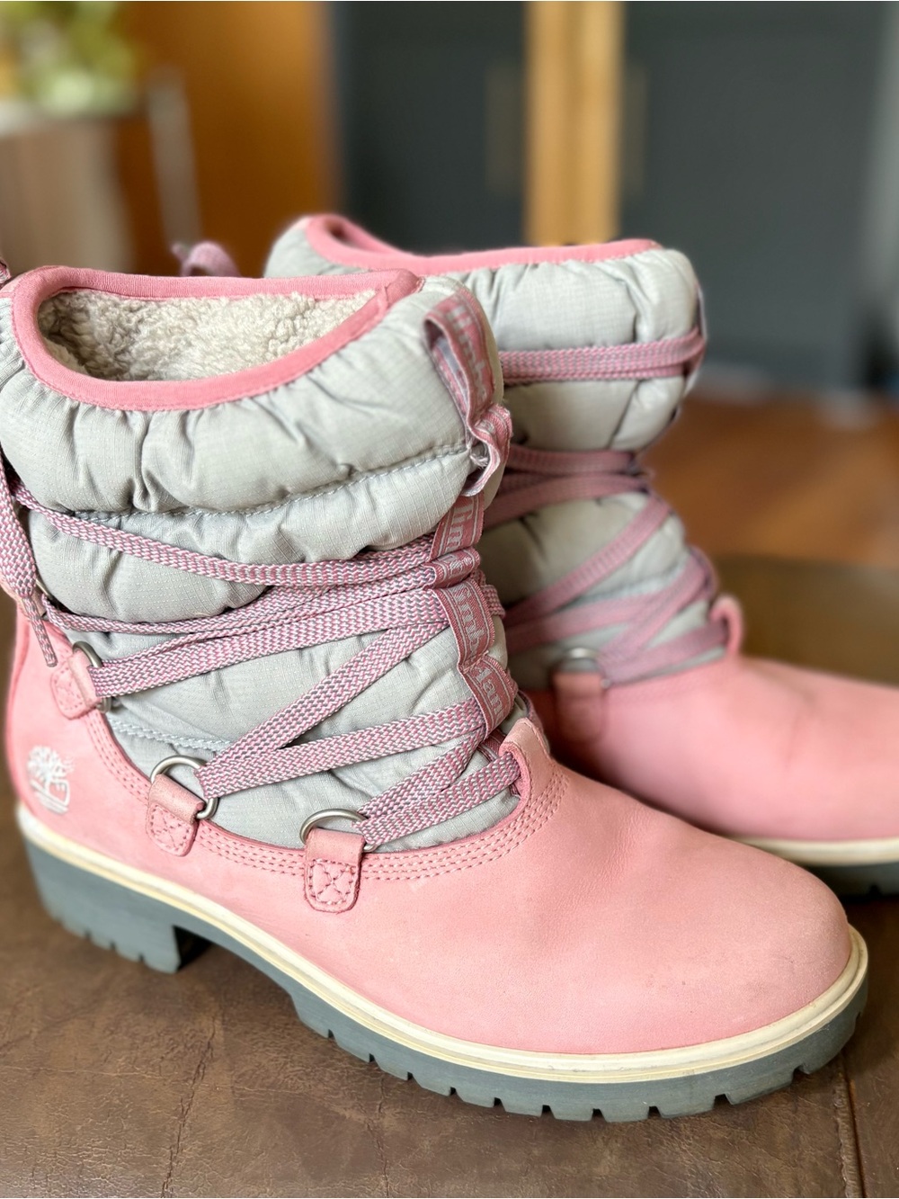 Timberland Pink and Gray Puffer Lace-Up Winter Boots